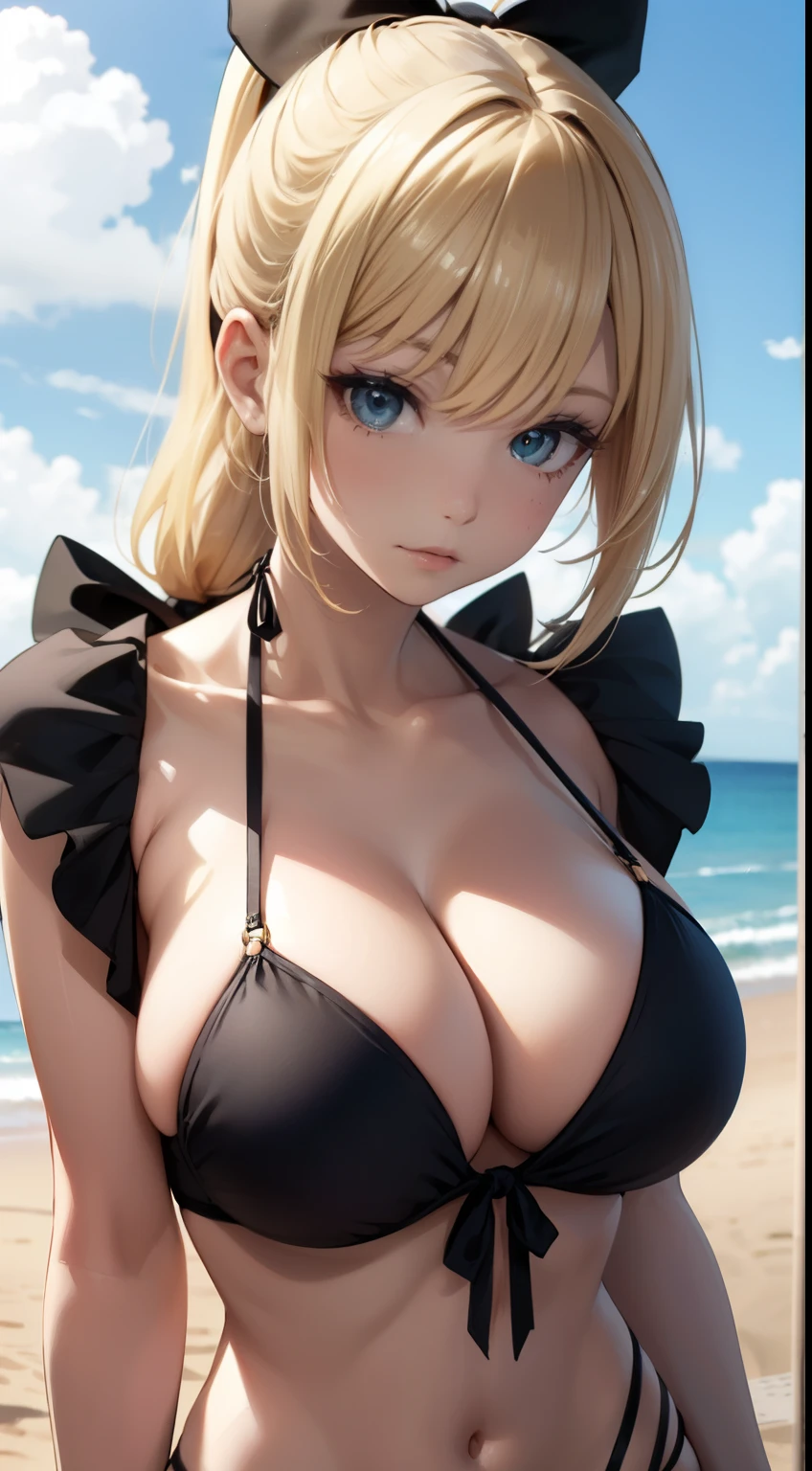 blonde hair long ponytail, busty, cleavage, black detailed bikini, (POV, Close Shot)、Seaside sandy beach、bow ribbon