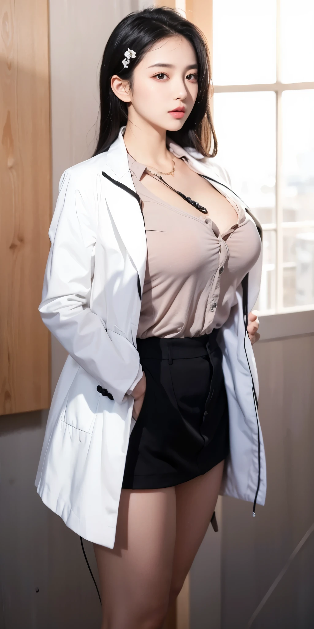 height 165 cm, Weight 70 kg, Plump mature blonde nurse, wide hips, big cellulite ass, white lab coat, unbuttoned black lace panties and stockings, drove well, overall plan, Highly detailed photography,  photo in the hospital, high detail photo, super realism, 8K