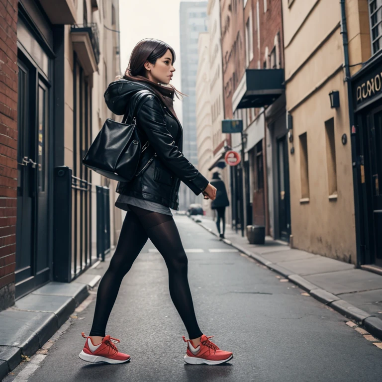 Woman, tights, walking to observer