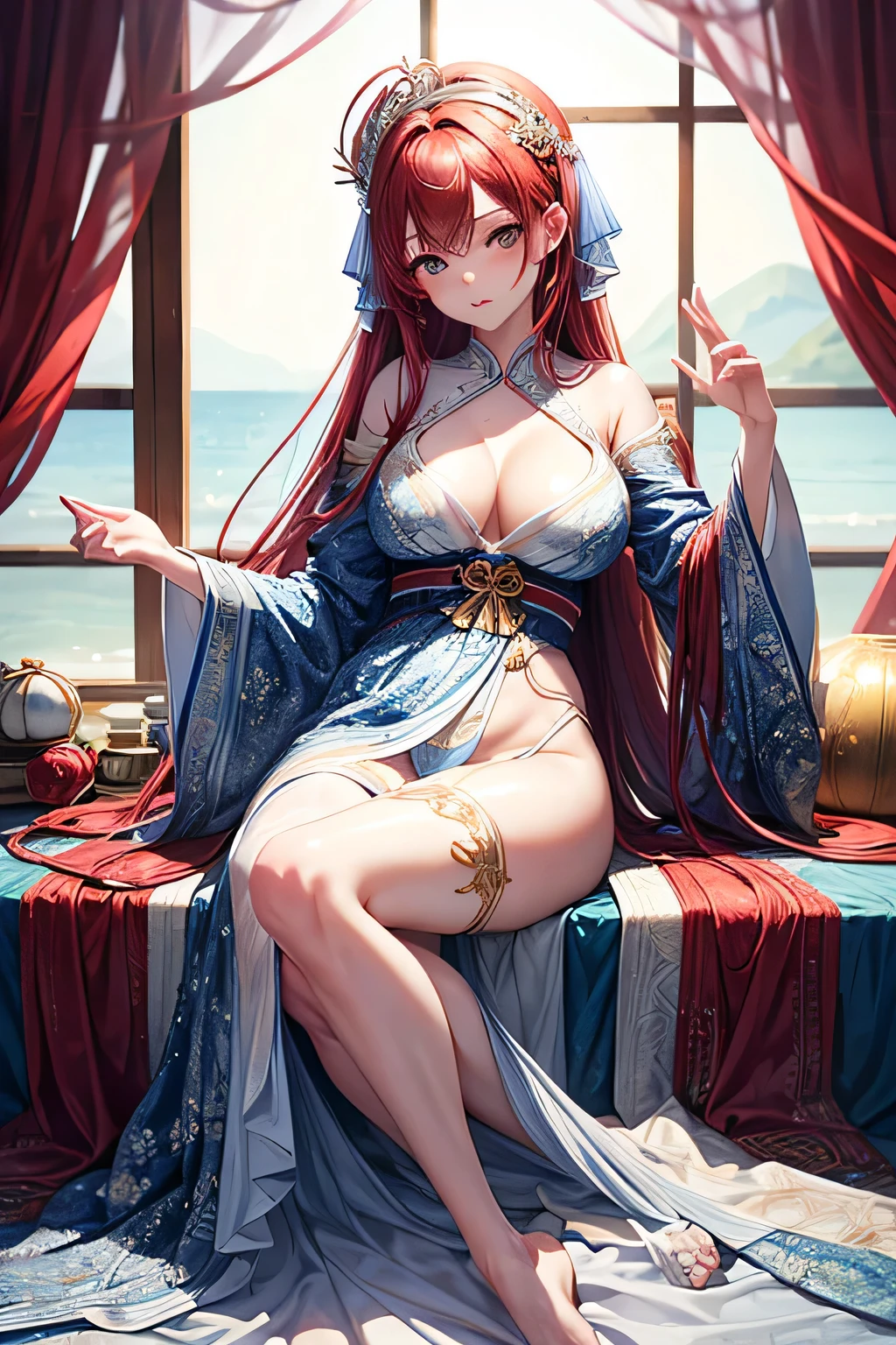 (Enrich your images,Masterpiece-level quality)Beautiful artwork CG 8K,Posture of the Goddess,Sitting on the river,Postural exercises,Slim and smooth,Translucent skin,redhair、Extra long-haired beauty, Super long straight hair,The skin is transparent and juicy,big breast uniform underwear,Outlook Part 1.2x Enhanced silhouette effect,Exquisite transparent blues pattern on pajamas,The details are intricate and exquisite,background slightly blurred,Temptation of attractive and voracious feet,dribbling,J Cup Big,red blush,goddess of Japan,perfect body and slim curves,Scene by the Sea,