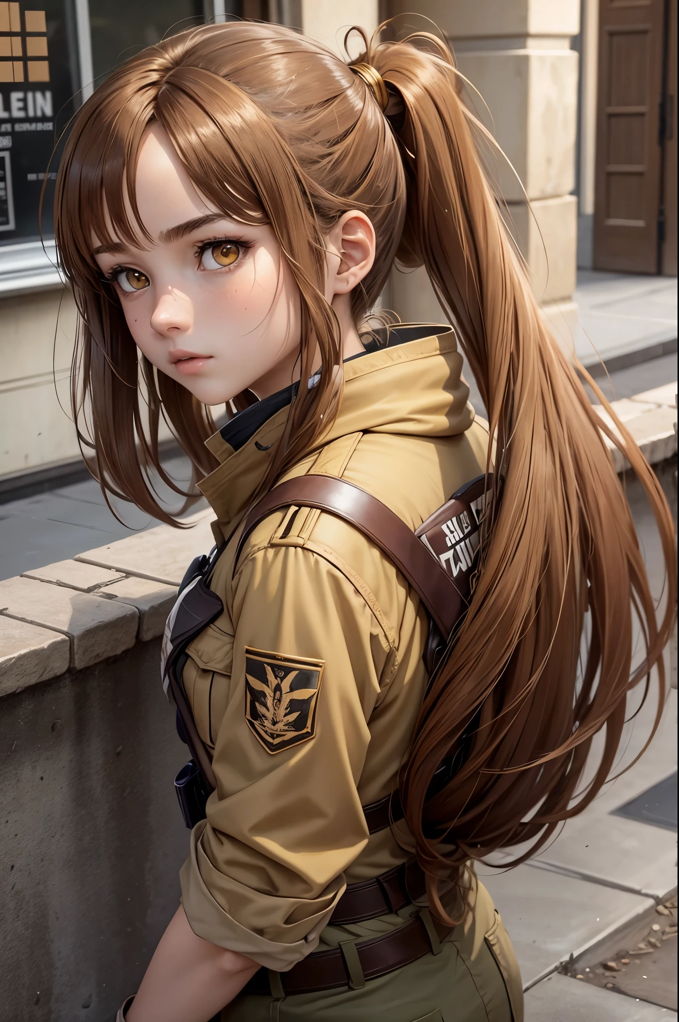 15 year old, attack on titan original character, anime, chestnut brown hair, hazel eye with gold flecks, pretty face, hair in ponytail with some hair in long bangs, wearing scout uniform