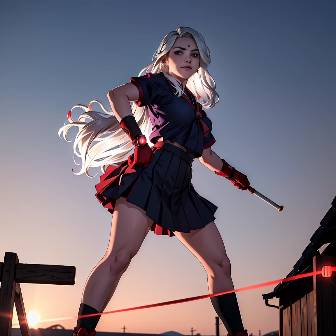 sukeban illyasviel_von_einzbern, mature_female, silver hair, holding yoyo, combat pose, full body, flowing hair, hair between the eyes, asymmetrical hair, red eyes, delicate facial features, sukeban deka clothe, looking_at_viewer, outdoors, background tokyo, ((solo, solo focus, solo girl,1girl))+++++,woman in a 80's sukeban seifuku standing on a set of strees, black school uniform, 80's japanese sukeban photo, sukeban seifuku,  80's japan, sukeban, long black skirt, red converse, full body, light skin tone female, full body, tape, arm_support, gloves, red_gloves, bridal gauntlets, blackred_footwear, fighter outfit, full body, hourglass, mature face, cheeky smile, cheeky face, wrinkles,( silver long hair, earrings, ear piercings), realistic, (fighting art, Martial arts, standing, fighting_stance, fight, fighting), extra colors, 2D, megapixel, perfectionism, accent lighting, full HD , 4K, masterpiece, empty red eyes