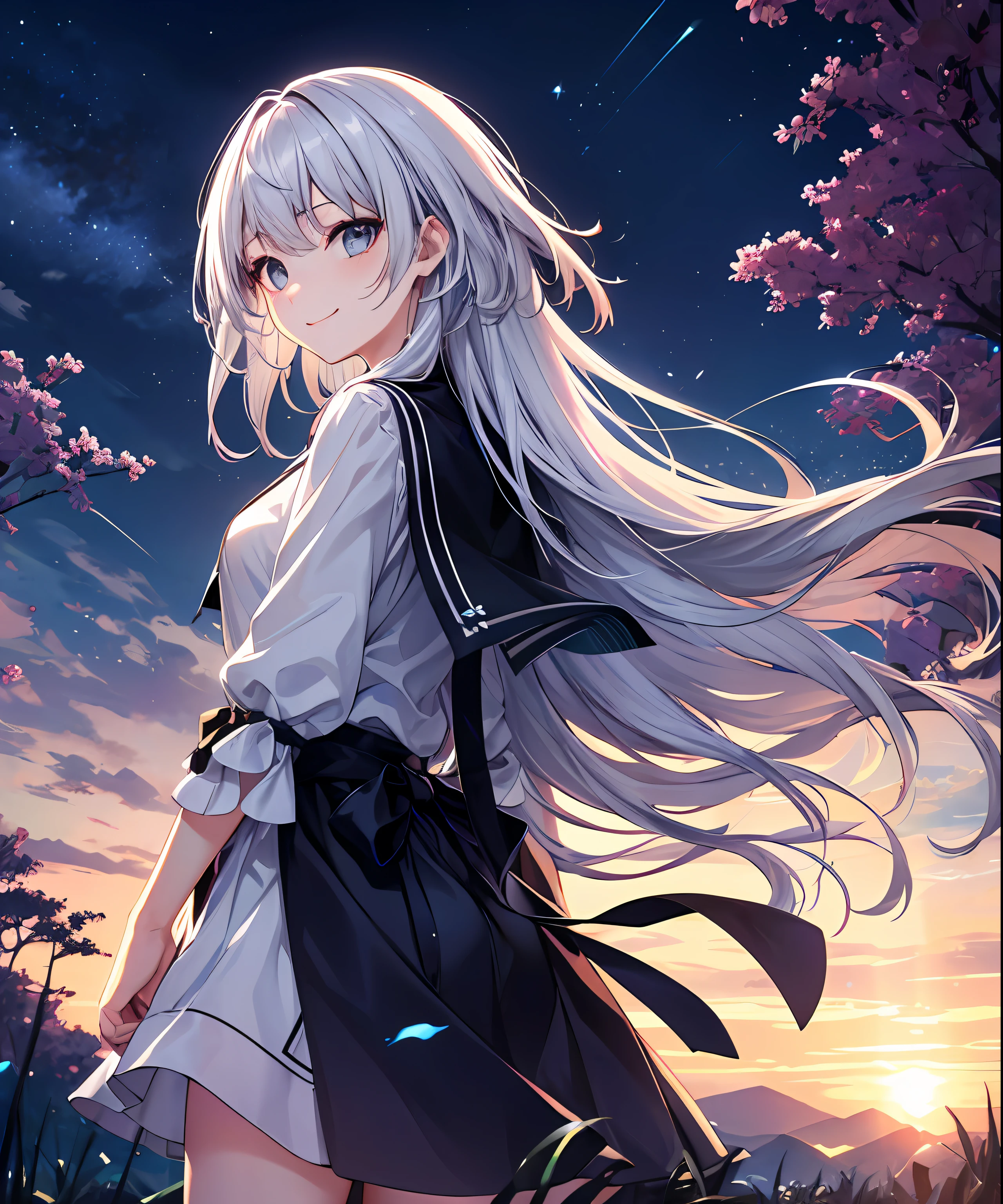 (masterpiece、top-quality)、street frontage、独奏、1 girl in、Dress lightly、standing、Cross your hands behind your back、in the middle of nature、A smile、Long-haired、Blue-silver hair、Hair Fluttering in the Wind、Glowing light