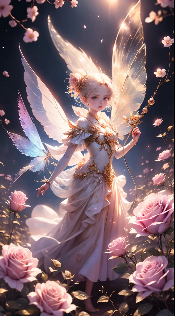 Beautiful transparent flower fairy baby, dream magical,Transparent colorful wings, The wand fluttered in the wind、The wand flashed with starlight,Golden wand,Beautiful blue sky and white clouds、Girls have transparent wings、smile kindly、Beautiful garden background、Gentle and transparent,Anatomical correct, delicate patterns,Pink rose space, gentlesoftlighting, ( bokeh),tmasterpiece, ultra - detailed, Epic work, Best quality at best, 8K,Epic Romantic Fantasy Digital Art,Epic fairy tale fantasy digital art,Myths and Fantasy,UHD resolution,Detailed detail drawing,realistically,Very realistic,电影灯光,an award winning photograph,Many colors,Hyper-realistic textures,dramatic lights