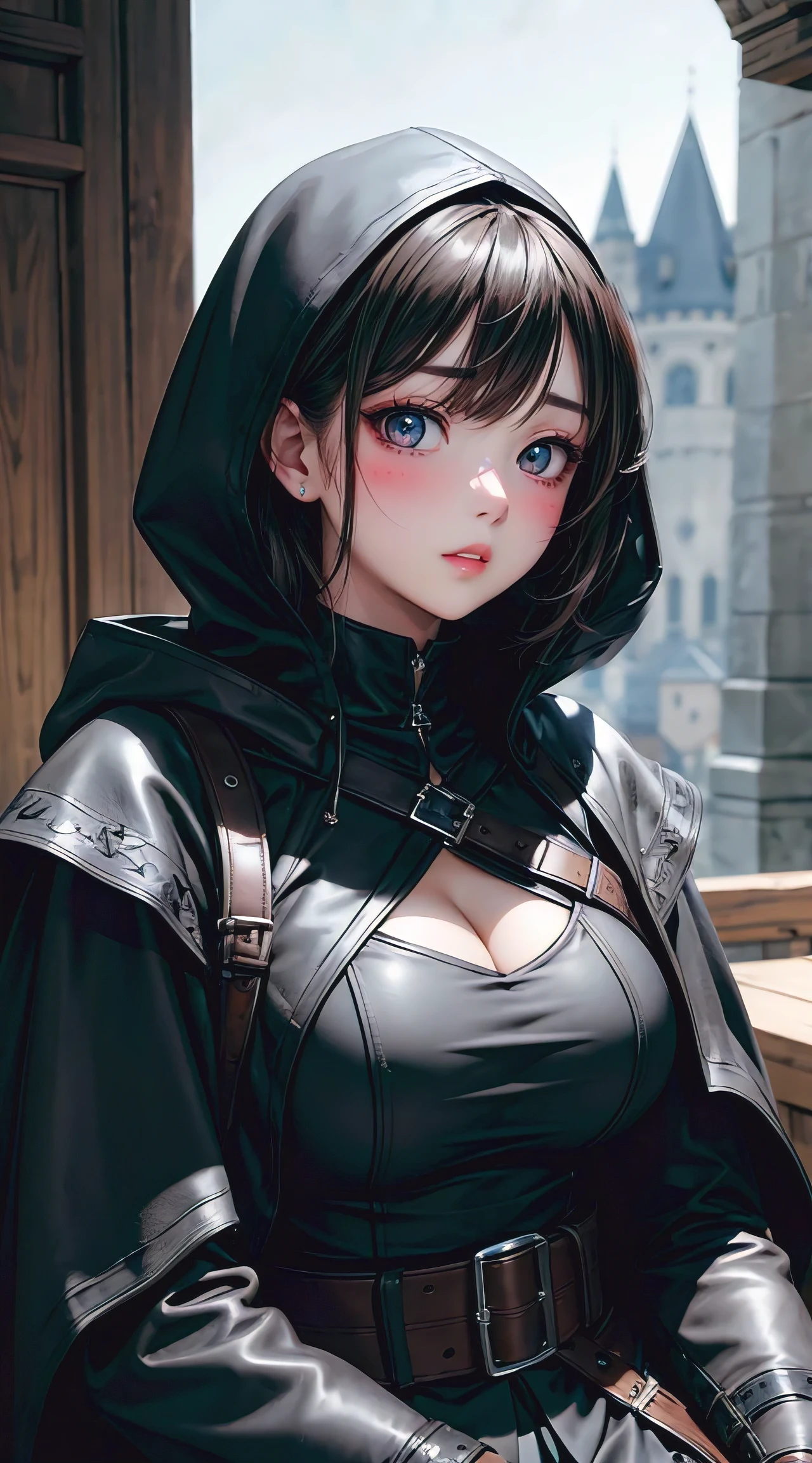 (absurdres, highres, ultra detailed), 1 female, adult, beautiful, high muscular face, broad shoulders, finely detailed eyes, short black hair, brown eyes, black cloak, wearing a hood, leather vest, leather bag at the waist, 2 daggers on the belt, castle, medieval atmosphere, natural light and shadow, There are bright particles flying around her, fantastic, mysterious, bright glow, seated pose, serious expression, cold, thoughtful, mouth shut