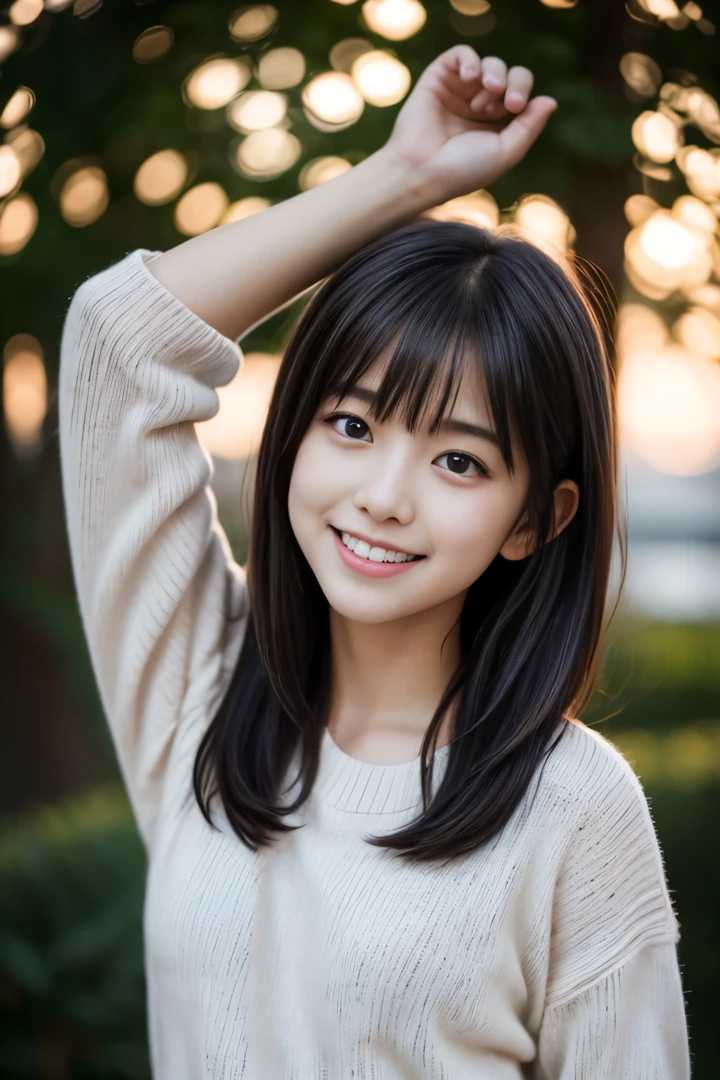 masutepiece, Best Quality, 8K, 20yr old, , Raw photo, absurderes, award winning portrait, Smile, Solo, Idol face, Delicate girl, Upper body, Digital SLR, Looking at Viewer, Candid, Sophisticated, Thin arms, Professional Lighting, Film grain, chromatic abberation, (Eyes and faces with detailed:1.0), (Bokeh:1.1) , Against the backdrop of the first sunrise , closes mouth , School Uniform Elfie White Wool Sweater) , A dark-haired ,Hurray with your hands up