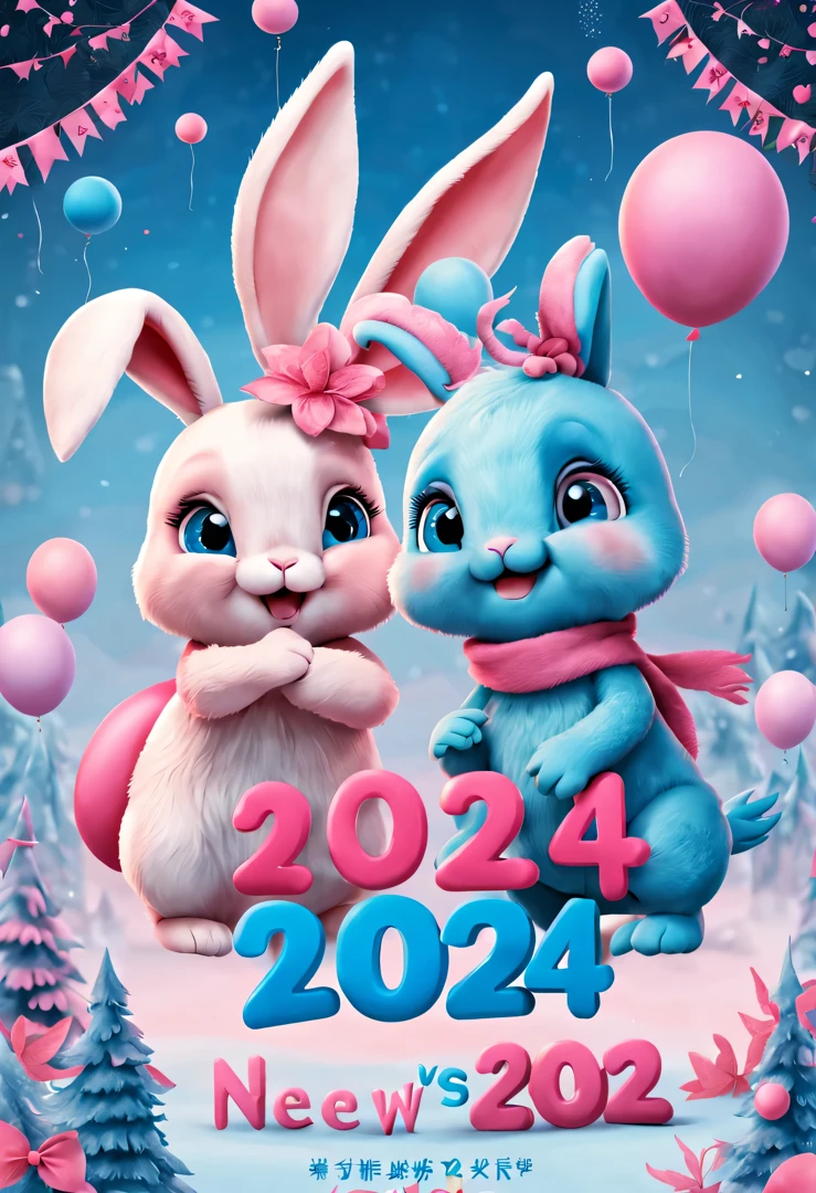 2024 年new year'new year'New Year's Eve Poster Design,Pink and blue as main colors,(Cute bunny says goodbye to little dragon:1.2)