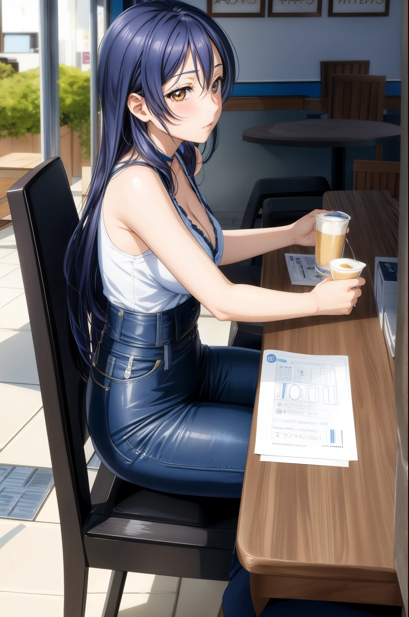 Solo, cowboy shot, from side,Sonoda umi, long hair, short pencil skirt, cleavage,blushing, sitting on chair, in cafe
