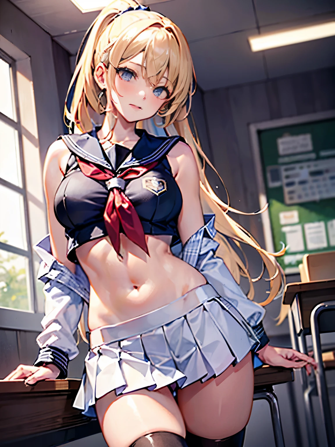 top-quality、realistic touch,high-detail、photoRealstic、thin-waist、captive beauty、big eye、solid platinum-blonde eyelashes、platinum-blonde、full body Esbian、Sparkling eyes, cheeks flushed、thin-waist、In the classroom of the school、She is in estrus、a sailor suit、cocky expression、Super short skirt with V-line visible、Sleeveless、Navel look、small tits、Ponytail hair style、a sailor suit that is extremely short in length、Black thigh socks、Colossal tits、big butts