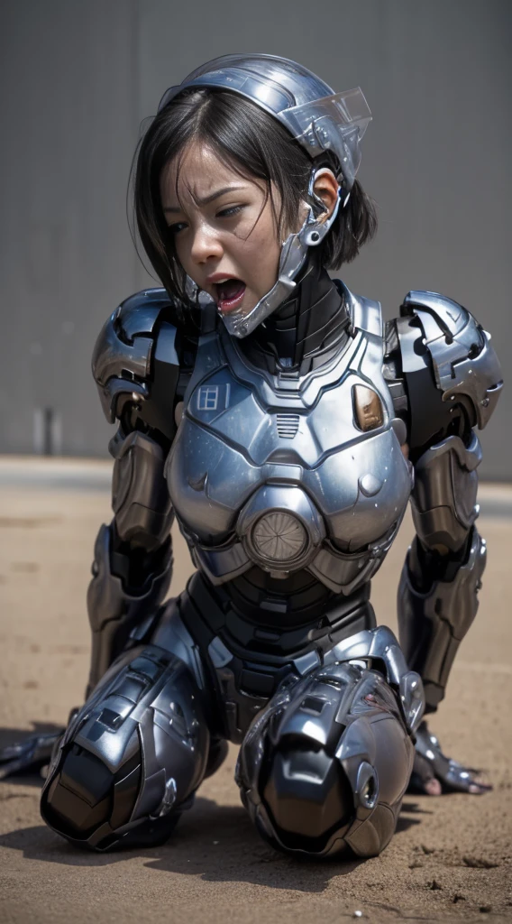 ((Middle-aged woman))Textured skin, Super Detail, high details, High quality, Best Quality, hight resolution, 1080p, , (lying back on)Beautiful,(War Machine),beautiful cyborg woman,Mecha Cyborg Girl,()((heavily damaged armor)),A woman with a feminine mechanical body、Gentle face　A dark-haired,Fulll body Shot)、、Very sweaty face、groggy expression、laying on back、Turn your face at an angle、Opening Mouth((put out the tongue)、Smoke comes from the whole body((Deep cracks in the armor of the whole body))(short-haired　Opening legs　The  is visible　Crouching　Water　Chiquita　((embarassed expression))