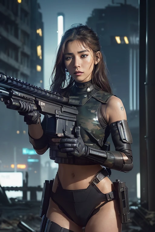 extremely detailed CG Unity 16K wallpaper, (raw photography, realistic:1.2), (professional photo, photorealistic:1.3), cinematic lighting, depth of filed, sharp focus, (cyberpunk:1.4), ultra high res, (perfect anatomy:1.5), realistic skin texture, intricately detailed face, 1 girl, ((female soldier:1.4)), ((cyborg:1.2)), solo, (from front view:1.5), cowboy shot, looking at viewer, short hair, black hair, fairly detailed skin, oil, tan, bright eyes, dark eyes, highly detailed nose and lips, expressionless, taking cover, ((holding 1 large baster rifle and firing the blaster rifle:1.5)), ((camouflaged, combat uniform:1.4)), (((armored body, partially mechanical body:1.3))), ((slender, medium breast:1.3)), (((outdoor, evening, futuristic city, destroyed buildings, ruins:1.4)))