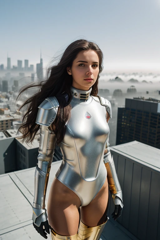 1womanl, (realist:1), Brown hair, The long-haired, Black eyes, glad,2Mechanical armor from above white body suit(platinum,gold,)Wearing,Standing posture,3sunny cyber city,Shooting on the rooftop,4
Background with,SF skyscrapers lined up,crystal or silver texture,There's a fog in the distance,hightquality,highres photograph,SLR camera,depth of fields