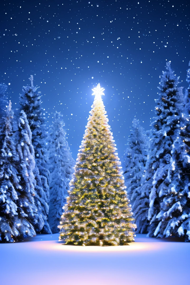 Fantastic winter landscape with christmas tree. 3D rendering. Christmas background with christmas tree, snow and stars. Beautiful christmas night.
