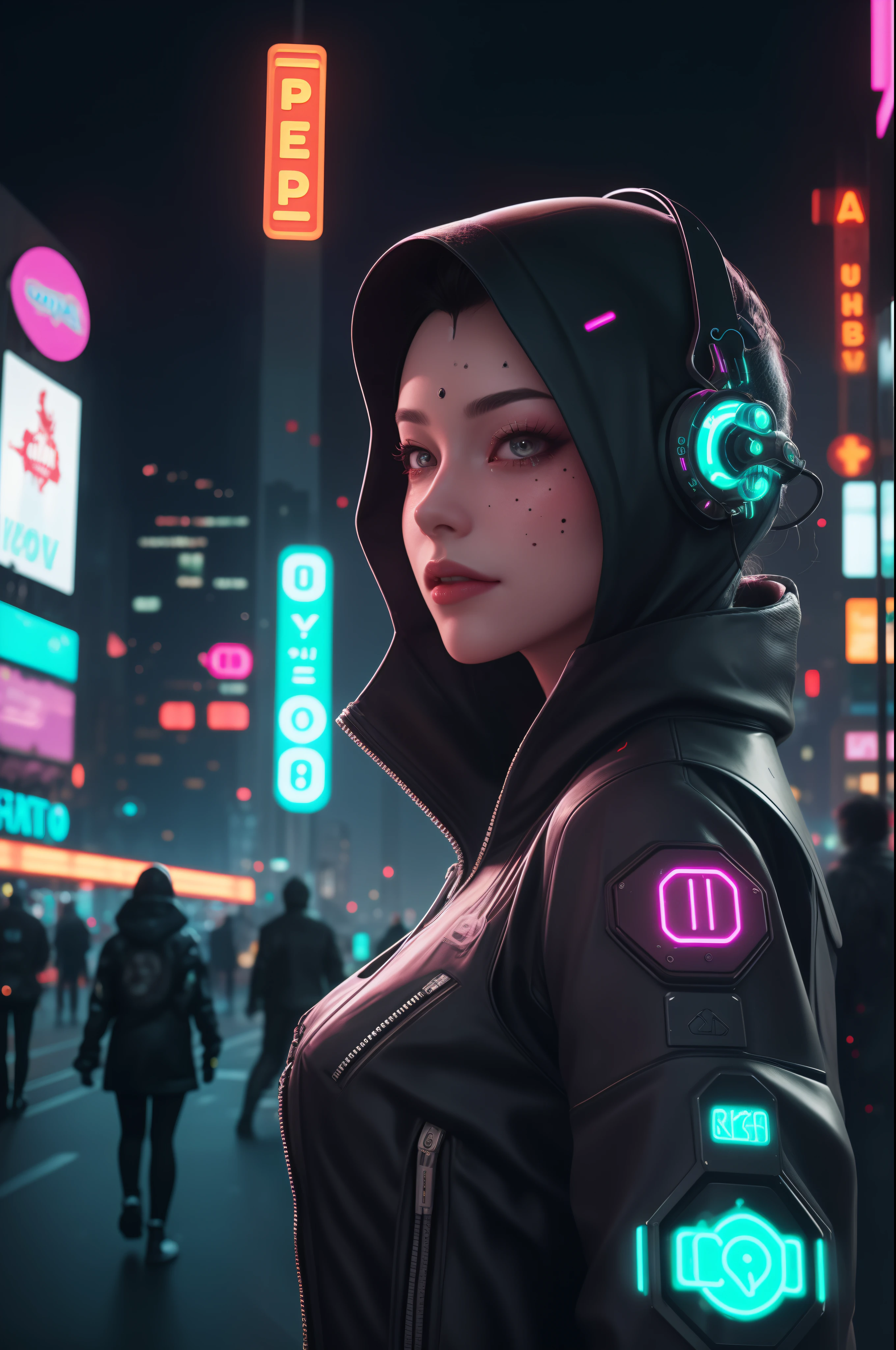 Cyberpunk princess, Futuristic cyber aesthetic, Slightly imperfect skin with delicate blemishes, Realistic 3D render, Glass-effect bokeh, Close-up shot, Centered in the frame, Urban cyberpunk cityscape background with neon signs and holographic billboards, Neon glow lighting with dynamic reflections, High-definition render with HDR for rich details, Enhance cybernetic elements with a wide-angle lens distortion, Adjust colors for vibrant neon tones and soft contrasts.