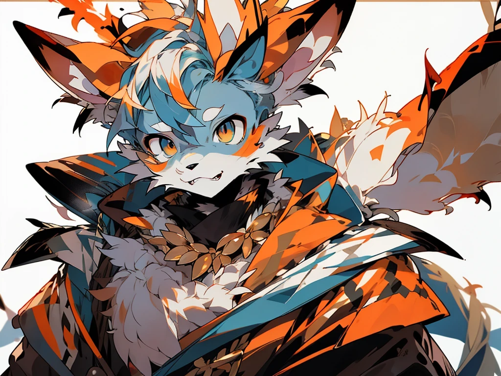 male people,felid,Alone, hairy pubic, White-blue fur,smokeing,Wearing a big golden necklace around her neck,bored expression,head portrait,blue orange eyes
