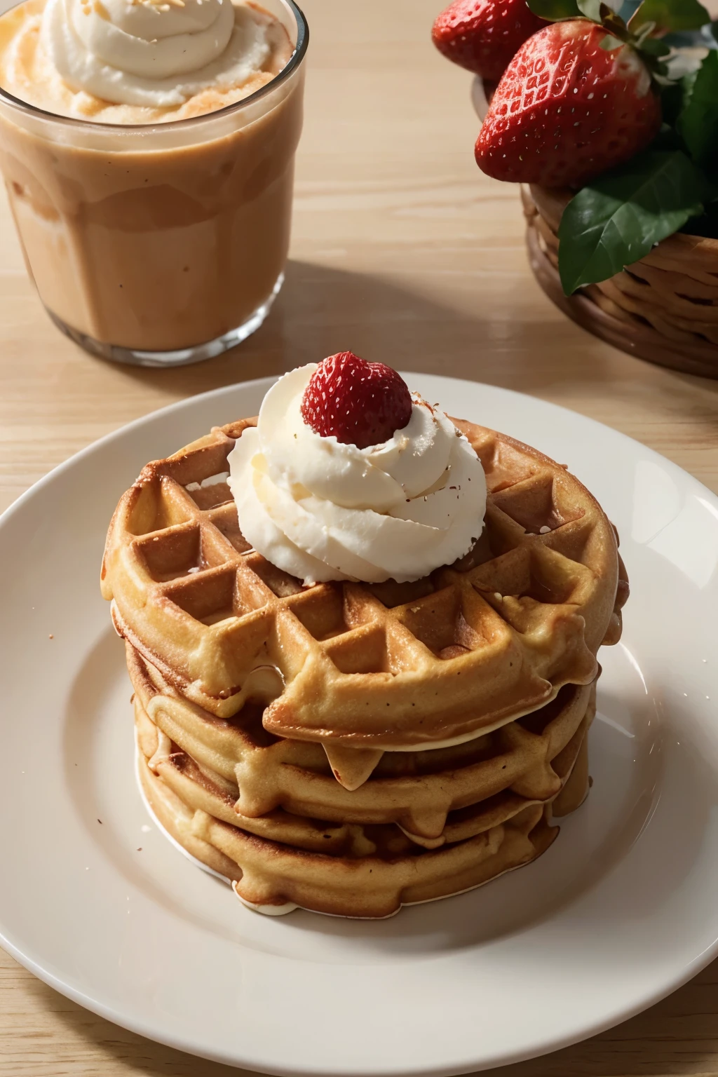 There was a plate of waffles with strawberry and cream author:Chen Tingfo, iced latte, shot on canon eos r 5, shot on a Canon EOS R5, Product photography, products shot, high quality Product photography, high quality food photography, styled food photography, shot with canon eoa 6 d mark ii