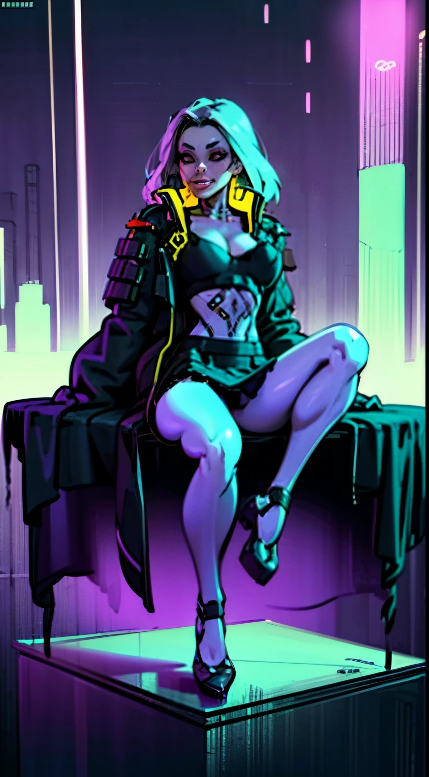 alta resolução, obra-prima, melhor qualidade, 1girl, rebecca \(cyberpunk\), militar,, sitting, roupa futurista, skirt, estilo cyberpunk neon, ao fundo cidade cyberpunk a noite, pele finamente detalhada, seios enormes, ( muito musculosas