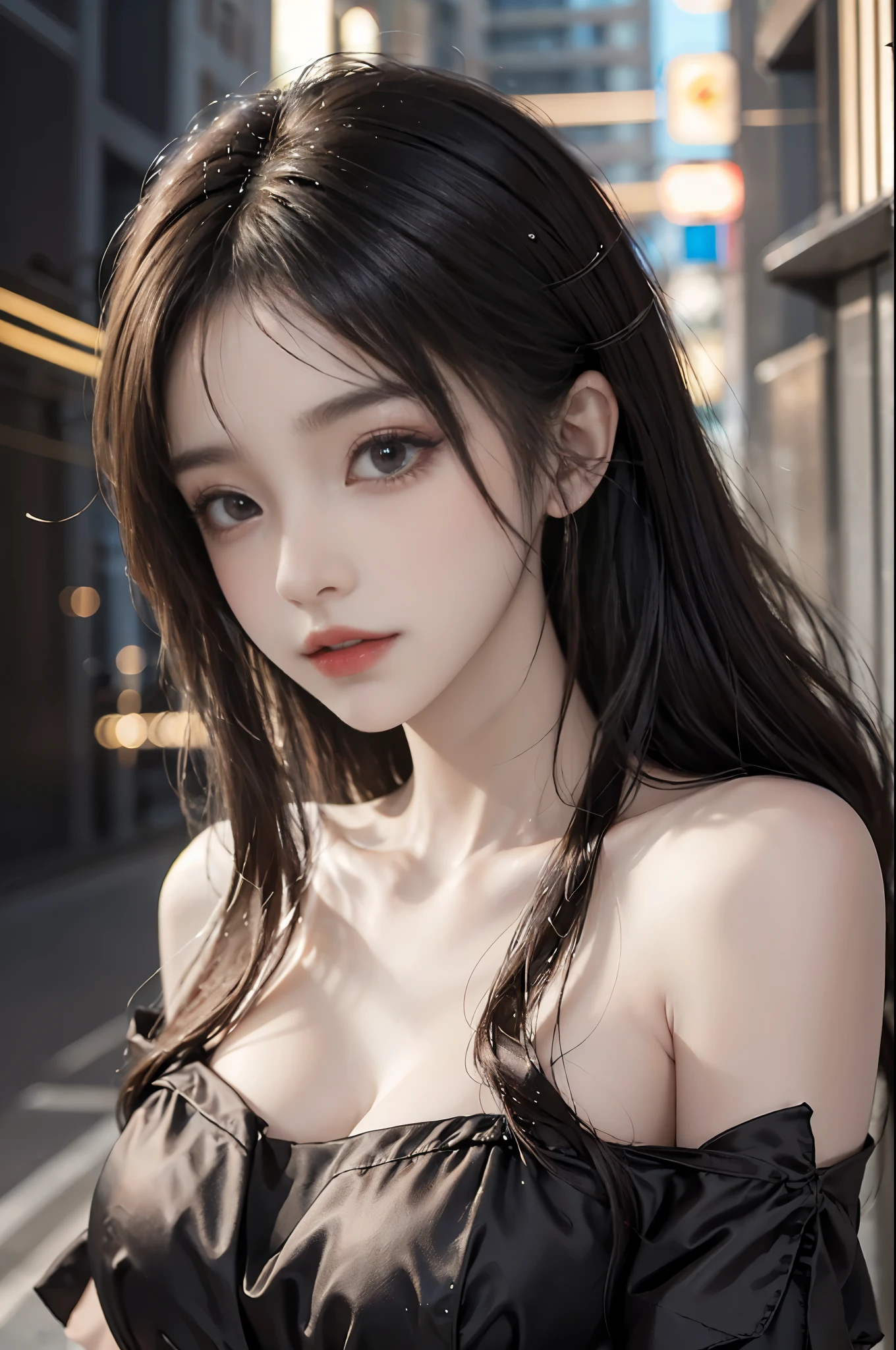 short sleeves,off shoulder, dress, fashi-girl,red lips,mature female,makeup, (Best quality, 8k, Masterpiece :1.3), (realistic, photorealistic:    1.37), (1girl), (Pretty woman in her 20s), (slim), (Japanese), (random pose),  ((dark brown hair)), exquisite facial features,  Super fine face, Fine eyes, Double eyelids,(wet body), (long hair, random hairstyle), (large breasts :1.3), (outdoors), (Ultra-detailed face), (Detailed eyes), (Double eyelids), (eyeshadow intensifying), (many eyelashes), (long legs), (professional lighting),  (photon mapping), (radiosity), (looking directly at viewer)