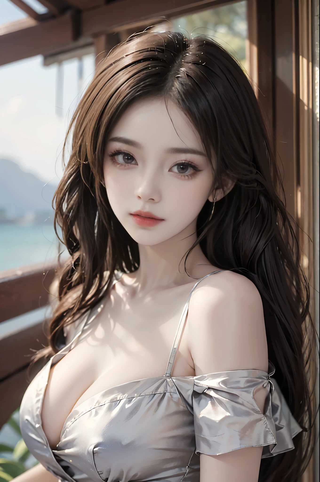 short sleeves,off shoulder, dress, fashi-girl,red lips,mature female,makeup, (Best quality, 8k, Masterpiece :1.3), (realistic, photorealistic: 1.37), (1girl), (Pretty woman in her 20s), (slim), (Japanese), (random pose), ((dark brown hair)), exquisite facial features, Super fine face, Fine eyes, Double eyelids,(wet body), (long hair, random hairstyle), (large breasts :1.3), (outdoors), (Ultra-detailed face), (Detailed eyes), (Double eyelids), (eyeshadow intensifying), (many eyelashes), (long legs), (professional lighting), (photon mapping), (radiosity), (looking directly at viewer)