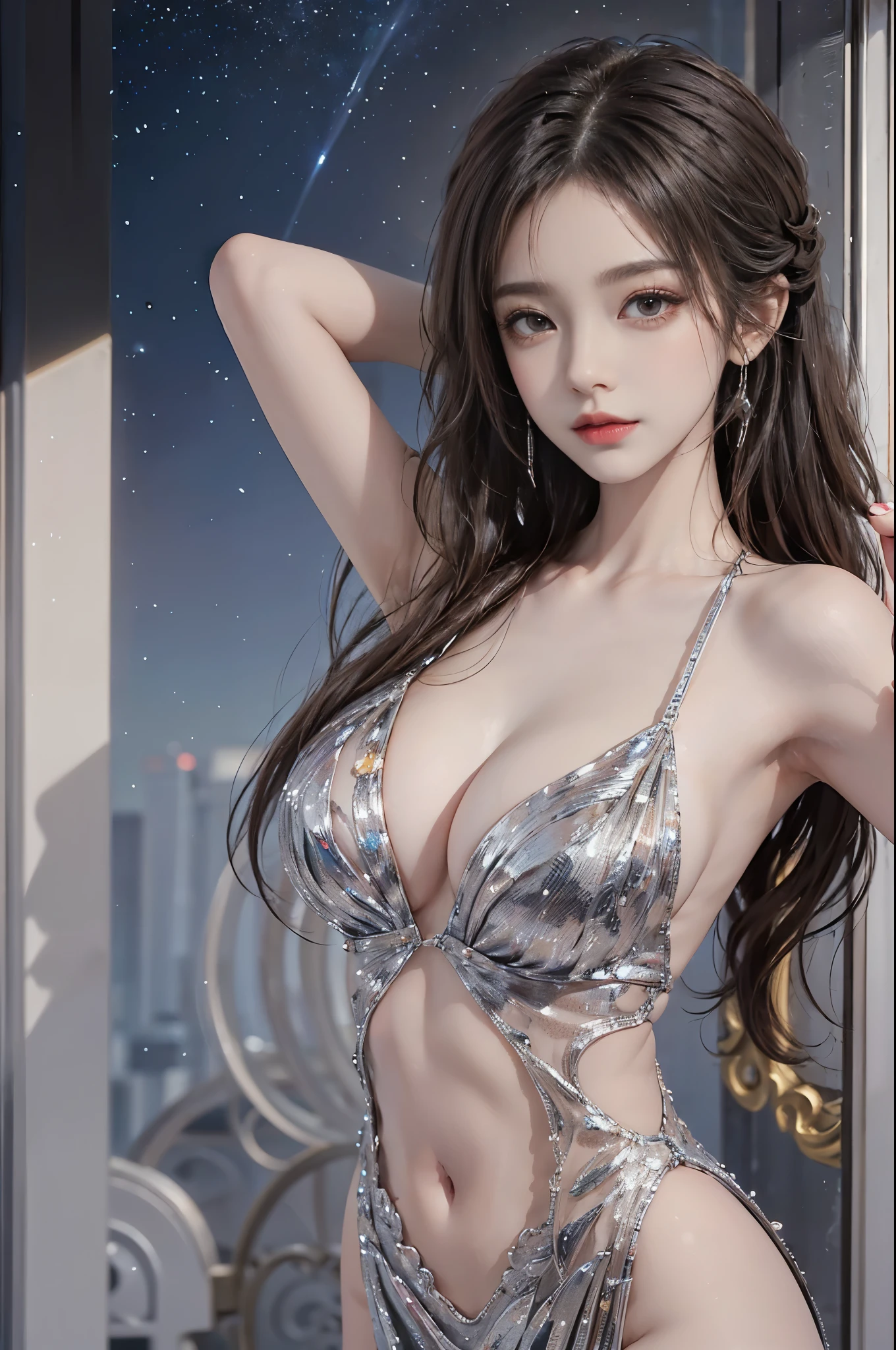 long dress,dress, fashi-girl,red lips,mature female,makeup, (Best quality, 8k, Masterpiece :1.3), (realistic, photorealistic: 1.37), (1girl), (Pretty woman in her 20s), (slim), (Japanese), (random pose), ((dark brown hair)), exquisite facial features, Super fine face, Fine eyes, Double eyelids,(wet body), (long hair, random hairstyle), (large breasts :1.3), (outdoors), (Ultra-detailed face), (Detailed eyes), (Double eyelids), (eyeshadow intensifying), (many eyelashes), (long legs), (professional lighting), (photon mapping), (radiosity), (looking directly at viewer)