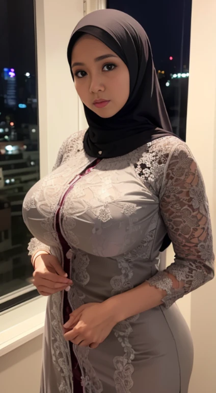 30 Years Old, Hijab Indonesian mature woman, Huge Tits : 96.9, lace Gamis, Breast out, at doctor office, Dark light, at Nighttime