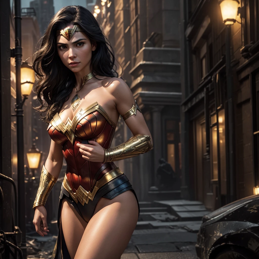((hyperrealistic, photorealistic, 8k, intricate details)), A wide angle landscape portrait of Wonder Woman, the backdrop is the dangerous Gotham City, Dark with a post apocalyptic atmosphere at night and the street lights highlighting her sexy eyes, golden tanned skin, long sexy legs and very large sexy breasts, framed by a gaze that speaks of playfulness and courage a bit of flirting. She is standing in a sexy pose on the Emphasize the intricate details of her iconic tiara, capturing the essence of her Amazonian heritage. Enhance the image with elements that represent her lasso of truth as it glows golden, symbolizing her commitment to justice and integrity and . Above all, capture the true essence of her beauty in the dark Gotham city the golden light of her lasso shines bright.