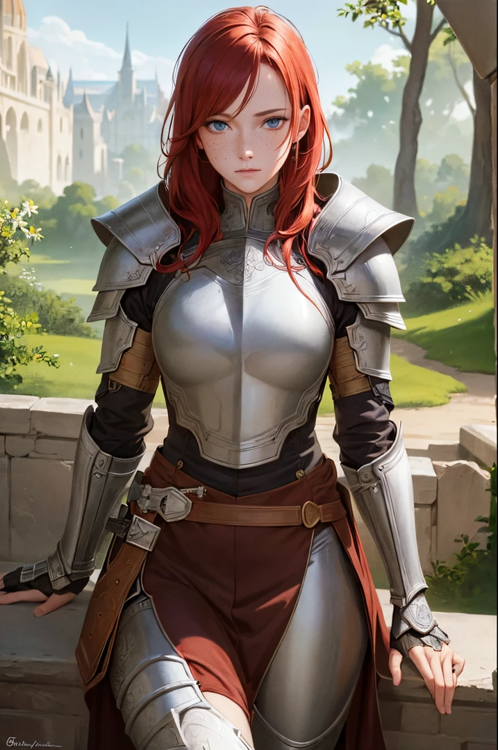 masterpiece, (realistic), highres, highly detailed, intricate, beautiful woman, red hair, blue eyes, freckles, detailed face, knight, armor