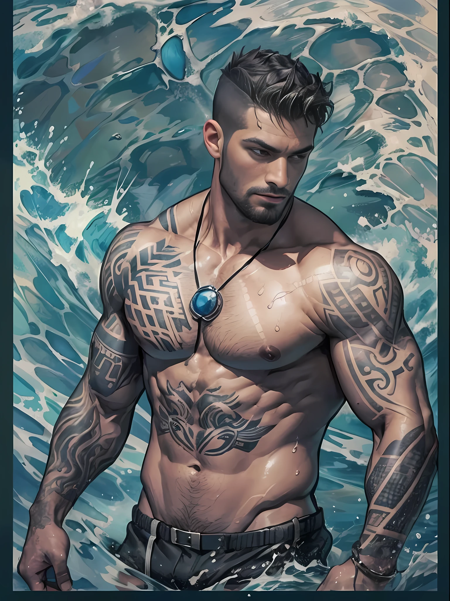 retrato facial de um (musculoso masculino: 1.2), (cabelo preto muito curto:1.2 e restolho curto: 1.1), Waterframe, (master part, best quality, Altas:1.4), circunstanciado, detalhes intrincados, 4k, Waves of water, (Poseidon: 1.3), ((water god)), (undercut curto: 1.2), Corpo Fuull, artista absctract, deus grego, corpo inteiro, tatuagem tribal, Black shorts, topless,