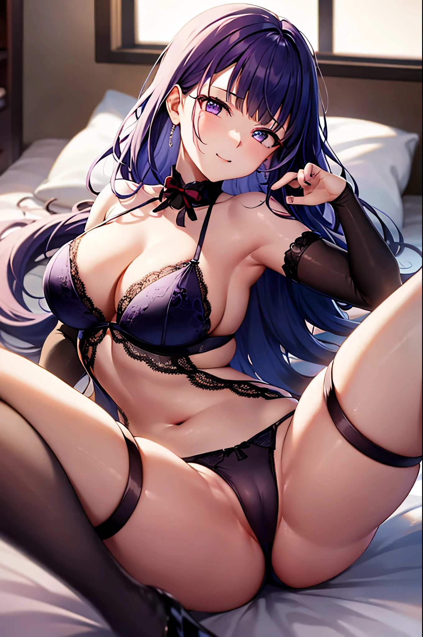 Raiden general, tmasterpiece, top quality, A high resolution, 独自's, loose the hair, 小's, Indoors, 躺在床上's, (see through lingerie :1.1), close focus, Spread your legs, top, exceedingly_长's_the hair, (lie in bed:1.2), 毛茸茸's拳击手, black pantyhoses, 沉重's呼吸, sexual expression invite, 害羞's,大汗淋漓's,'s