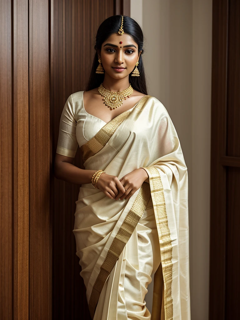 a woman in a white sari and gold jewelry poses for a photo, a portrait inspired by T. K. Padmini, trending on cg society, hurufiyya, traditional beauty, very beautiful enga style, wearing bihu dress mekhela sador, assamese aesthetic, with kerala motifs, indian super model, dressed in a sari, official