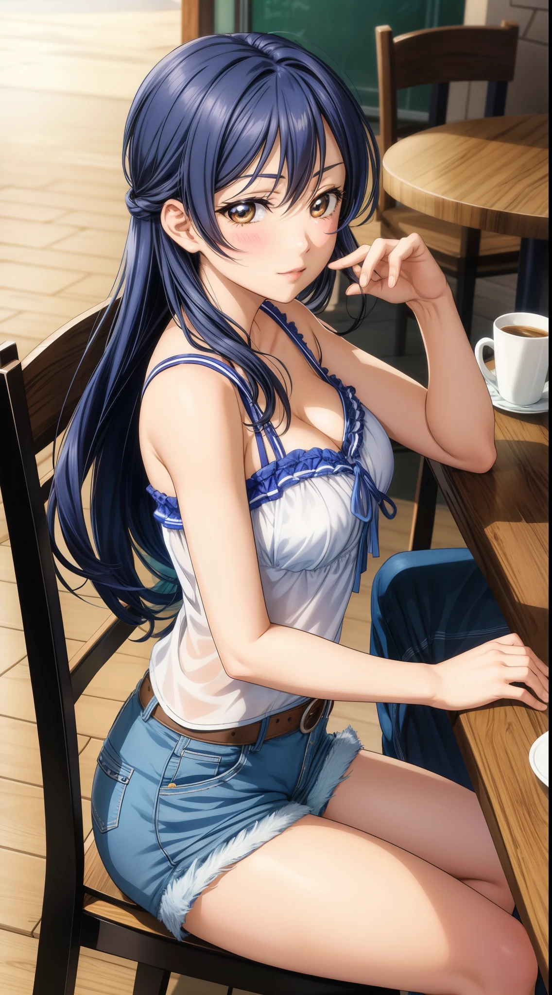 Solo, cowboy shot, from side,Sonoda umi, long hair, shorts, cleavage,blushing, sitting on chair, in cafe