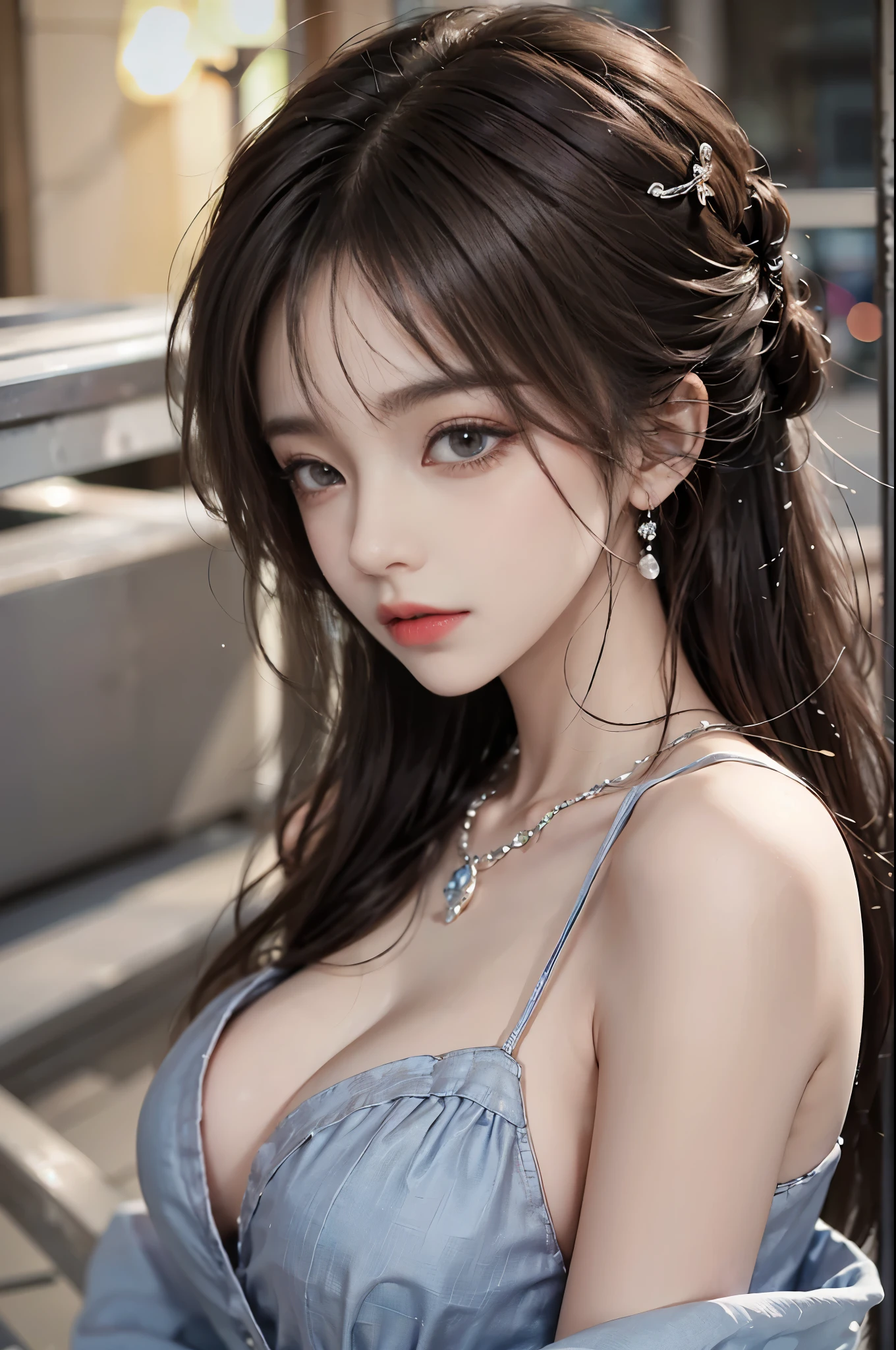 Sweet girl clothes2,pearl necklace,blue dress,flower, , fashi-girl,red lips,mature female,makeup, (Best quality, 8k, Masterpiece :1.3), (realistic, photorealistic: 1.37), (1girl), (Pretty woman in her 20s), (slim), (Japanese), (random pose), ((dark brown hair)), exquisite facial features, Super fine face, Fine eyes, Double eyelids,(wet body), (long hair, random hairstyle), (large breasts :1.3), (outdoors), (Ultra-detailed face), (Detailed eyes), (Double eyelids), (eyeshadow intensifying), (many eyelashes), (long legs), (professional lighting), (photon mapping), (radiosity), (looking directly at viewer)
