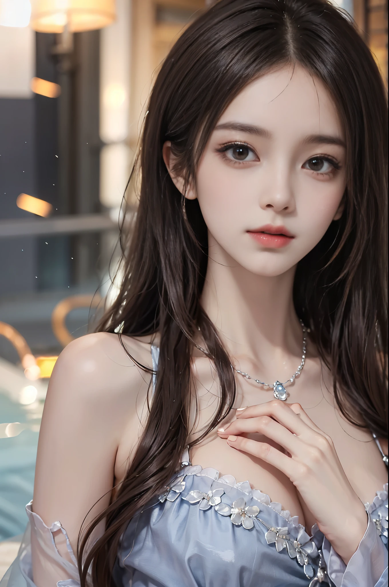 Sweet girl clothes2,pearl necklace,blue dress,flower, , fashi-girl,red lips,mature female,makeup, (Best quality, 8k, Masterpiece :1.3), (realistic, photorealistic:    1.37), (1girl), (Pretty woman in her 20s), (slim), (Japanese), (random pose),  ((dark brown hair)), exquisite facial features,  Super fine face, Fine eyes, Double eyelids,(wet body), (long hair, random hairstyle), (large breasts :1.3), (outdoors), (Ultra-detailed face), (Detailed eyes), (Double eyelids), (eyeshadow intensifying), (many eyelashes), (long legs), (professional lighting),  (photon mapping), (radiosity), (looking directly at viewer)