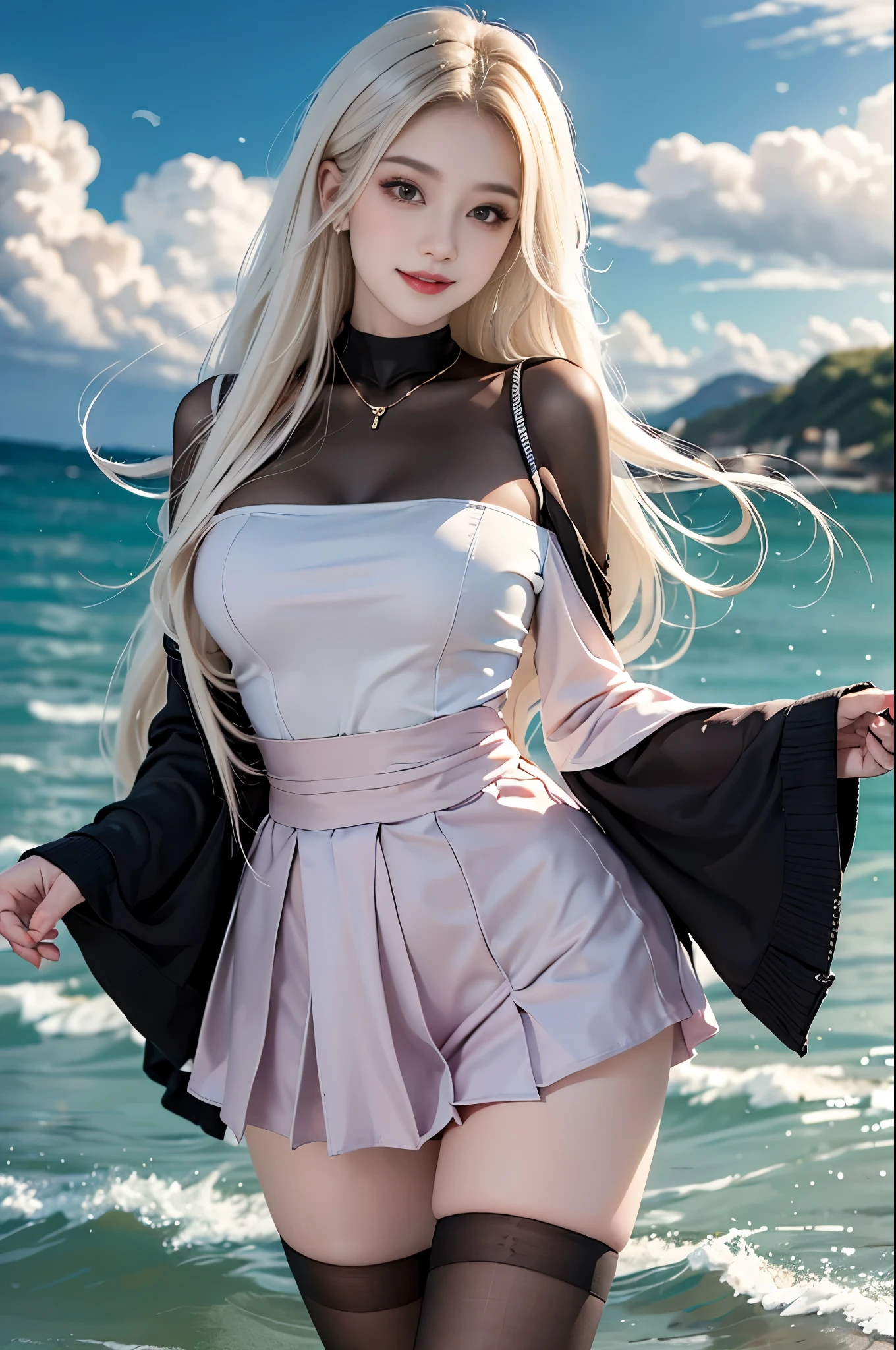 Sweet girl clothes5,high-waist skirt,jewelry,thighhighs, fashi-girl,red lips,mature female,makeup, realisticlying, A high resolution, ((a warm color palette)), ((Color saturation: 1.5)), softlighting, rich colours, a 1 woman, Alone, Just look at the audience, White hair, long whitr hair, Fine face, Glowing and radiant skin, Finger proportions are coordinated, dynamic angle, tmasterpiece, Best quality, ultra - detailed, Extremely Delicately Beautiful, A plump chest, slim toned body, slender leg, Hefty Smile, exteriors, eventide, Seafront, with blue sky and white clouds, walking in sea water, The waves hit me, Get wet all over your body