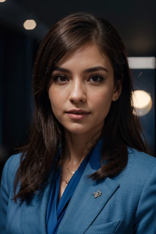8k Linkedin professional photo of a woman in a blue suit with studio lighting, bokeh, corporate portrait headshot photograph best corporate photo winner, meticulous detail, hyperrealistic, centered uncropped symmetrical beautiful.