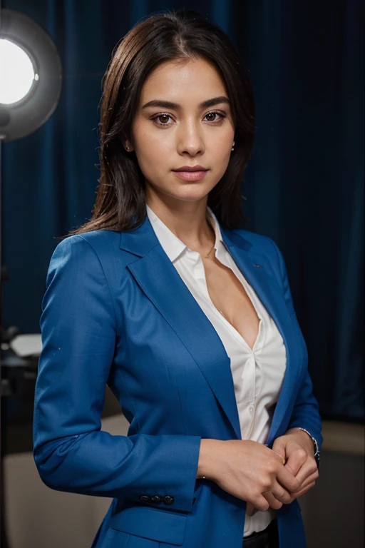 8k Linkedin professional photo of a woman in a blue suit with studio lighting, bokeh, corporate portrait headshot photograph best corporate photo winner, meticulous detail, hyperrealistic, centered uncropped symmetrical beautiful.