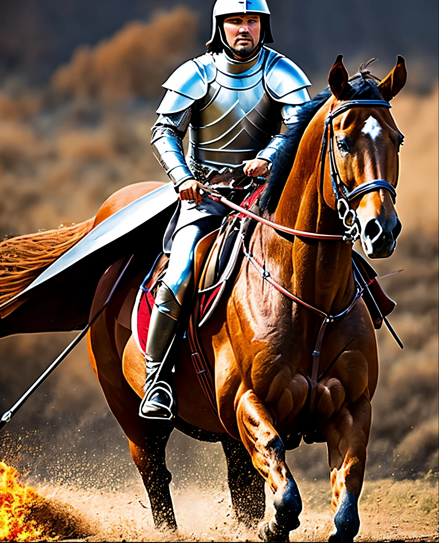 A brave knight riding a horse on the battlefield, photorealistic, 8K, natural lighting, HDR, high resolution, --auto --s2