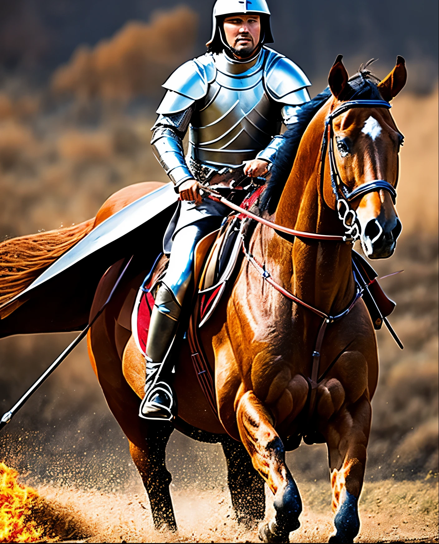 A brave knight riding a horse on the battlefield, photorealistic, 8K, natural lighting, HDR, high resolution, --auto --s2