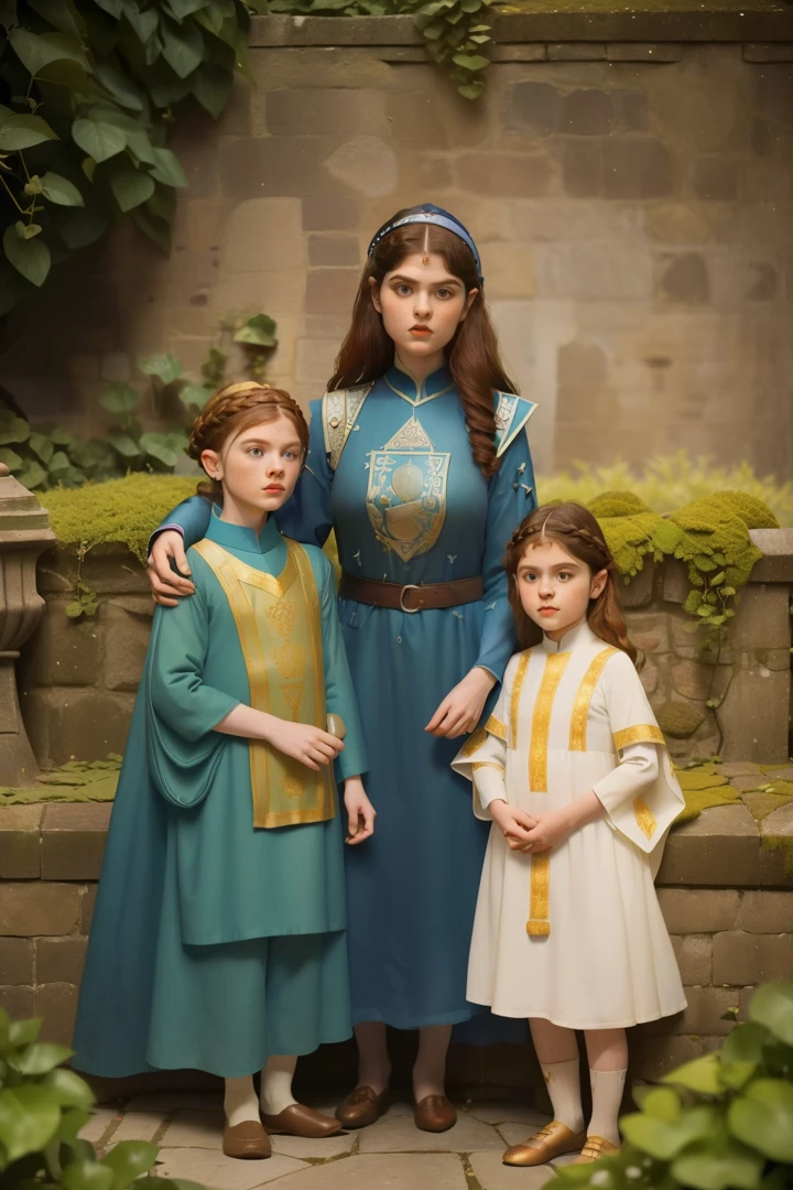 1152, Kingsbridge, England. Otherworldly scene in a medieval house garden, ((((9-year-old)) Cameron Monaghan)), with ((((7-year-old)) Alexandra Daddario)), brother and sister playing, ((((tunic from the 12th century)))), ((Hairstyle of the 12th century)), ((Wes Anderson cinematic style)), colorful