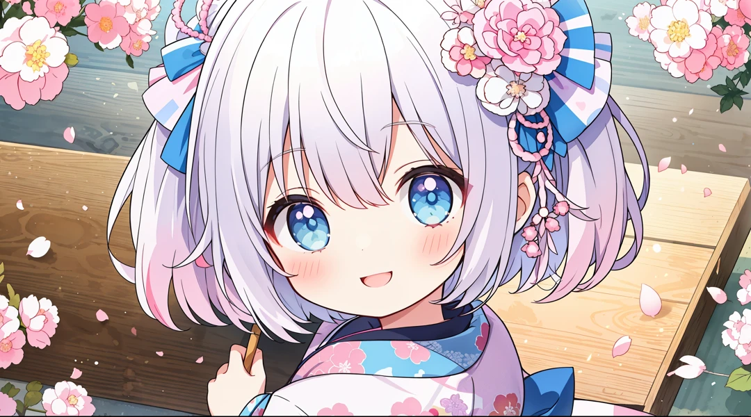 masterpiece, top-quality, (1girl in), shorth hair, , white hair、(Pink and light blue Japanese kimono), From above、A smile、kirakira