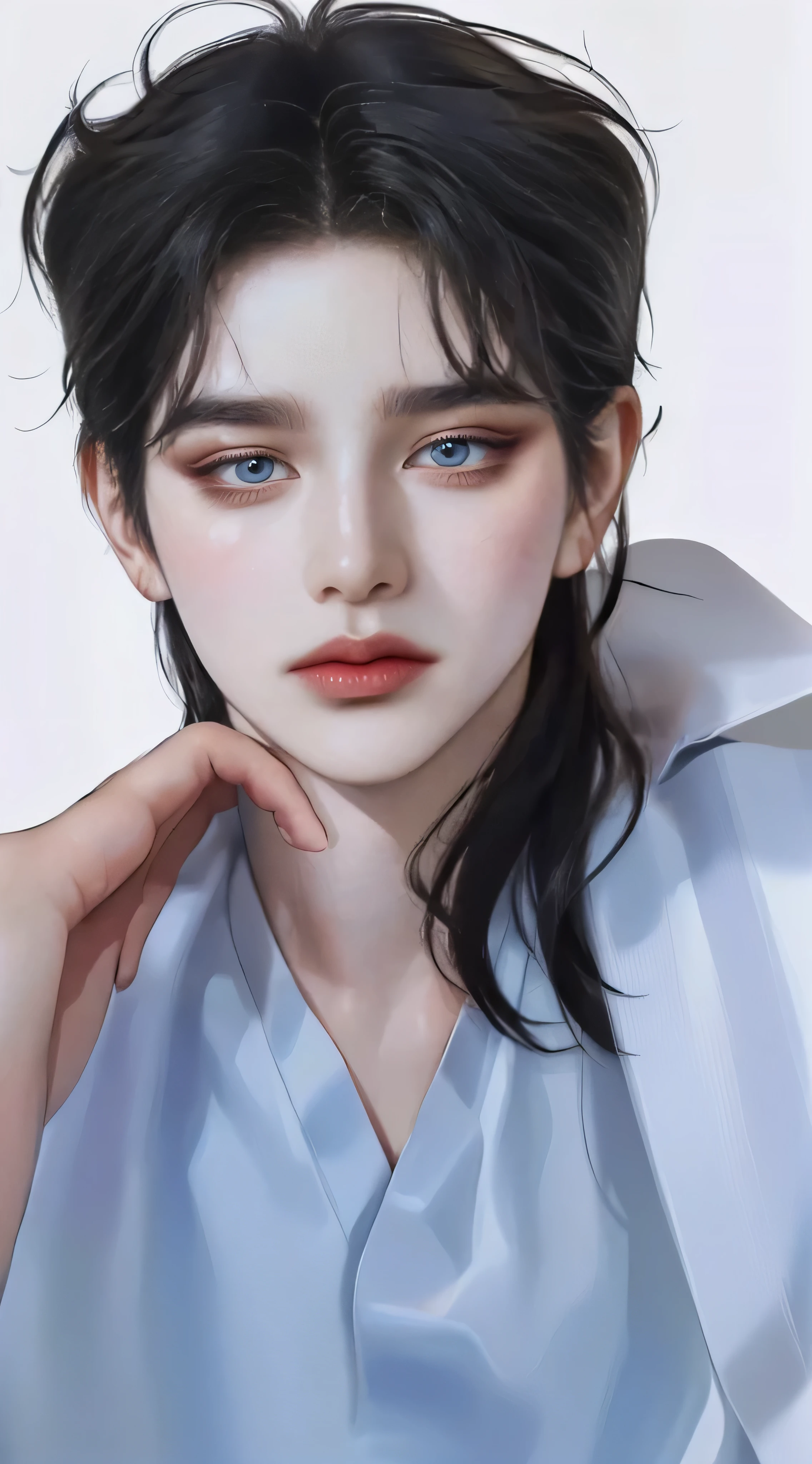 ((4K works))、masterpiece、(top-quality)、((high-level image quality))、((one beautiful women))、Slim body、((Black Y Shirt Fashion))、(Detailed beautiful eyelack background、((Face similar to Chaewon in Ruseraphim))、((Half Up Hairstyleright black hair))、((Smaller face))、((Neutral face))、((Light blue eyes))、((Korean Women))、((18year old))、((Wild Lady))、((Glaring at him with a savage look))、((Korean makeup with black eyeshadow))、((elongated and sharp eyes))、((Shot alone))、perfectly centered portrait, front view, facing viewer, ((Close up))