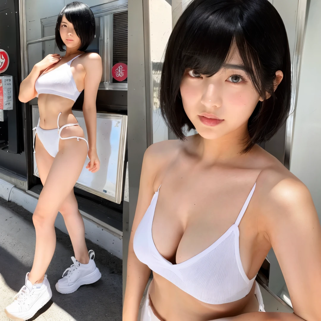 逼真、女の子 1 a person、Black Hair Bob Cut、H Cup Big、Emphasize、radiant eyes、A sexy、Pubic hair shows through、topless small size、Short pants、Parted lips、red blush、street、a person