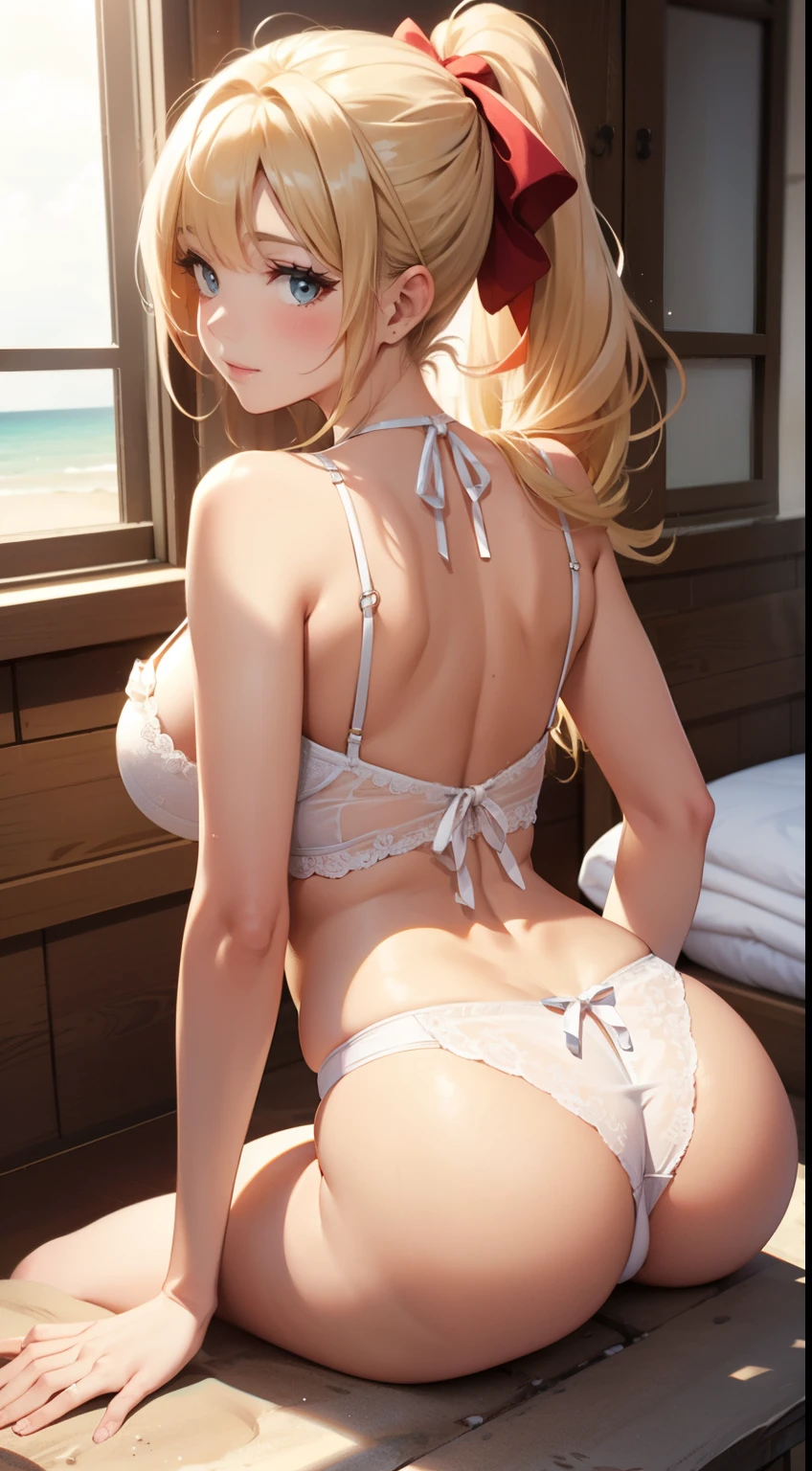 blonde hair long ponytail, busty, cleavage, white detailed lace lingerie, (full bodyesbian, backshots)、Seaside sandy beach、bow ribbon、swim ring、japanse、