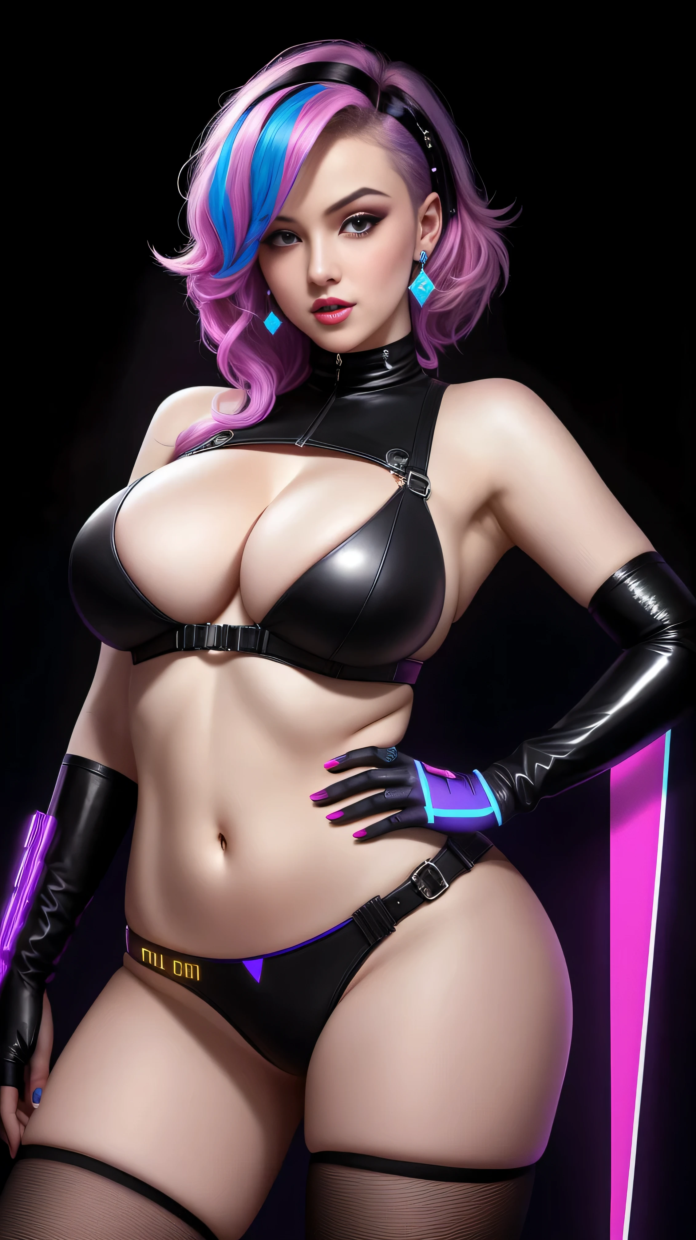 there is Rita Hayworth standing, ((nice ass:1.4)), 3 d neon art of a womans body, neon-noir background, cyberpunk femme fatale, seductive cyberpunk dark fantasy, cyberpunk strip clubs, cyberpunk 20 y. o model girl, oppai cyberpunk, banner, high definition cgsociety, cgsociety masterpiece, trending on cgstation, kda, random hair, looking at camera, gigantic breasts, cleavage, (high detailed skin:1.2), 8k uhd, dslr, super lighting, high quality, film grain, high res, highly detailed, hyper realistic, beautiful face, beautiful body, beautiful eyes nose lips, alluring expression, very bold, upper  visible, full body photo, standing legs apart, pale translucent glowing skin, most beautiful face, cute, (well defined pubic hair:1.2)), (dark plain black background:1.4))