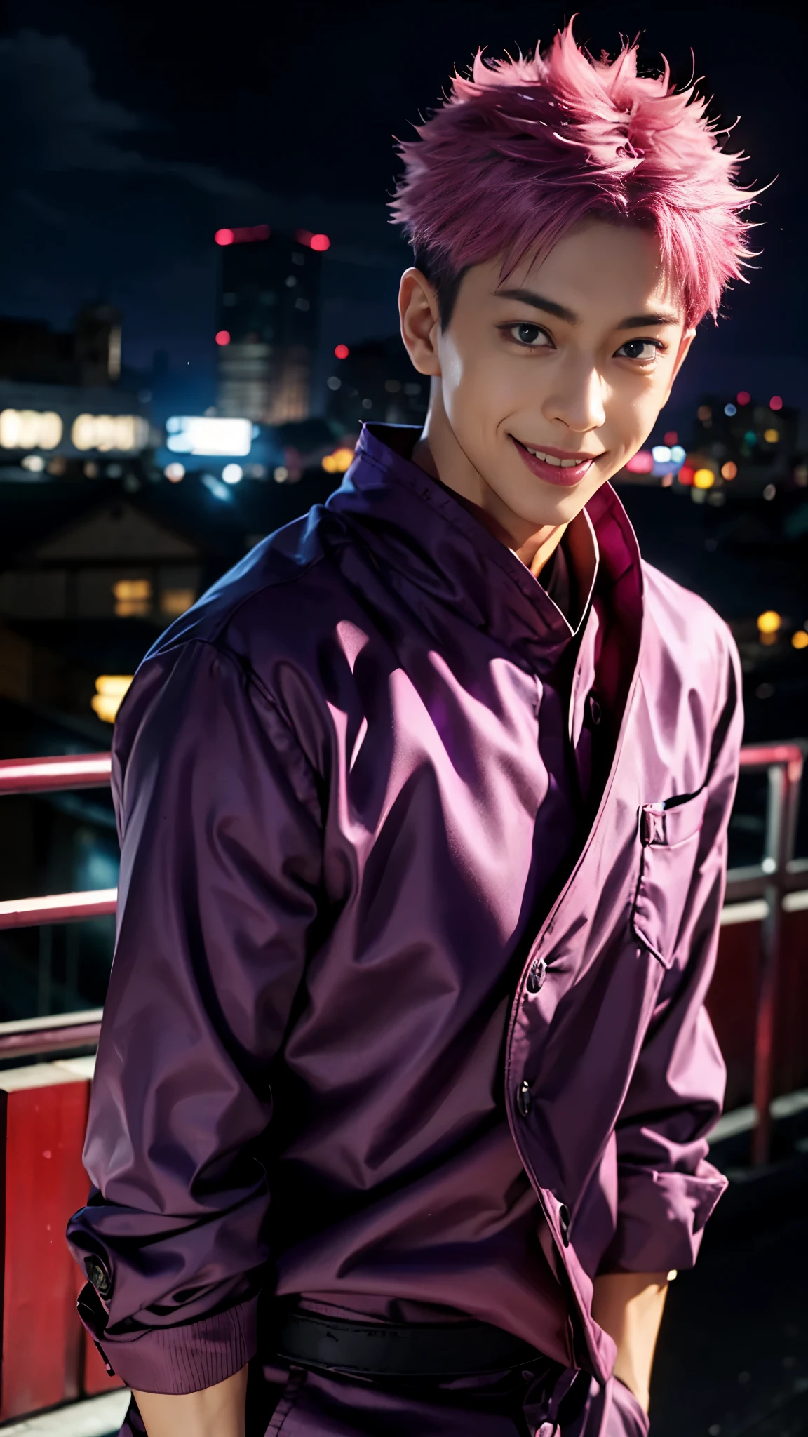 1man, yuji itadori in anime jujutsu kaisen, short hair , pink hair, black eyes, beautiful eyes, handsome, smile, purple clothes, realistic clothes, detail clothes, city background, ultra detail, realistic