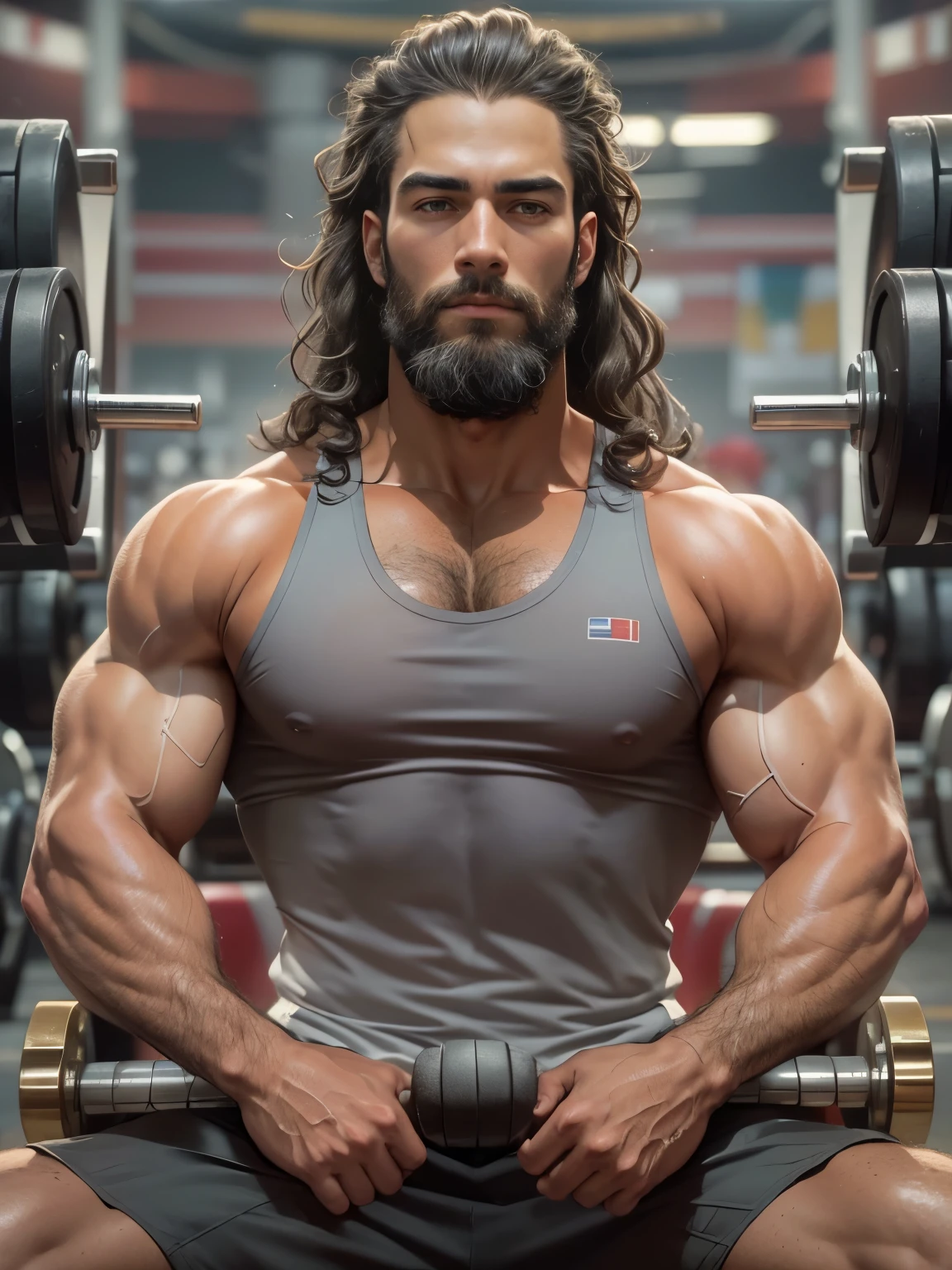 Robust athlete man, upper body revealed, legs uncovered from thighs to feet, bearded with beaded accents, flowing long curls, meticulous muscle definition, lifelike representation, 4K quality. Background: Gymnasium with weights and exercise equipment.,32k uhd, best quality, masterpiece, super detail, high details