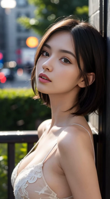 Masterpiece, Best Quality, Extremely detailed, Cinematic Lightning, intriciate detail, high resolucion, Official Art, Beautiful face and eyes with delicate details, high resolucion 그림, 8K, Bokeh, Solo, 1Girl, girl with red eyes,black short hair, Beautiful red eyes, beautiful scenery, Rainy city, s whole body, looking up at viewer,stocklings,