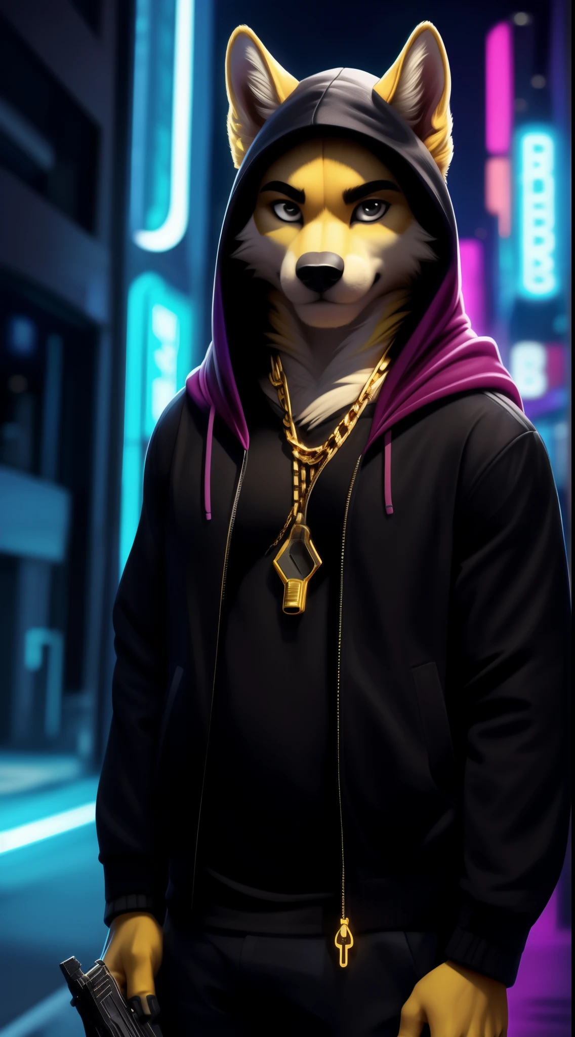 cooper krager, solo, looking at viewer, shirt, 1boy, jacket, male focus, open clothes, hood, black shirt, hoodie, hooded jacket, sharp fingernails, night city, neon, furutistic, yellow fur, black eyes, (gun, holding gun, pistol) A gilded gold chain Looking at the viewer And a realistic background of a futuristic