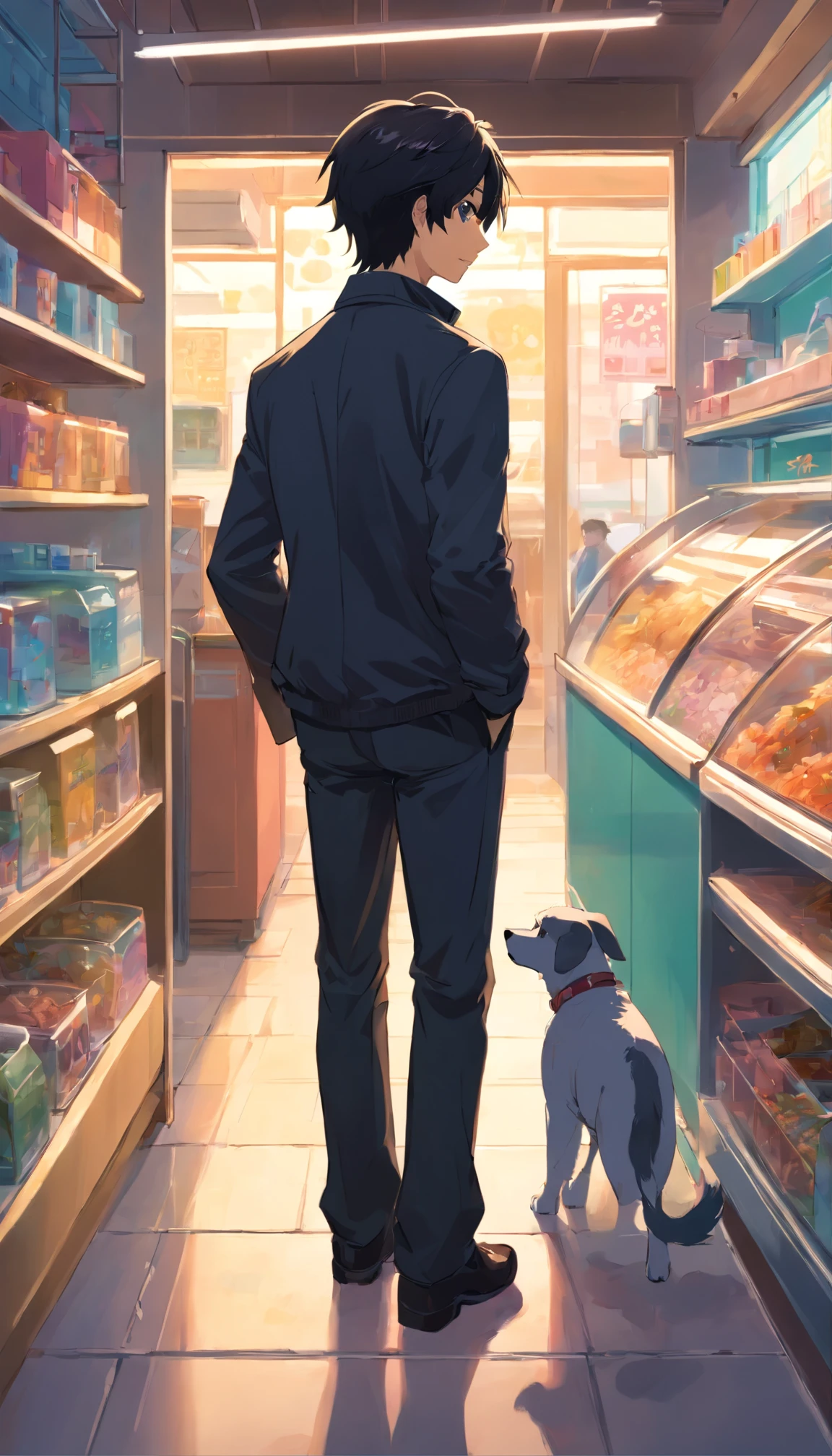 pet Shop,entrance,handsome and refreshing man, Black hair, Wearing a jacket,wearing black business pants, A dog is nestled at your feet、back shot