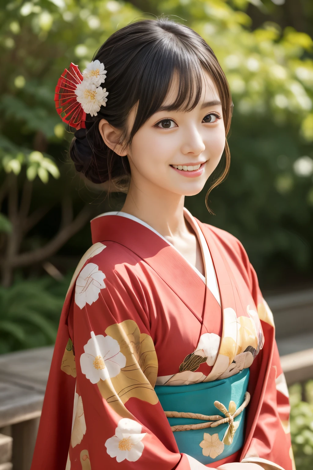 masutepiece, Best Quality, 8K, 20yr old, , Raw photo, absurderes, award winning portrait, Smile, Solo, Idol face, Delicate girl, Upper body, Digital SLR, Looking at Viewer, Candid, Sophisticated, Thin arms, Professional Lighting, Film grain, chromatic abberation, (Eyes and faces with detailed:1.0), (Bokeh:1.1) , Japanese-style room , closes mouth , (red kimono、Sunny Clothes、furisode、Japanese style flower pattern:1.2) , A dark-haired , Japanese style hair ornament、